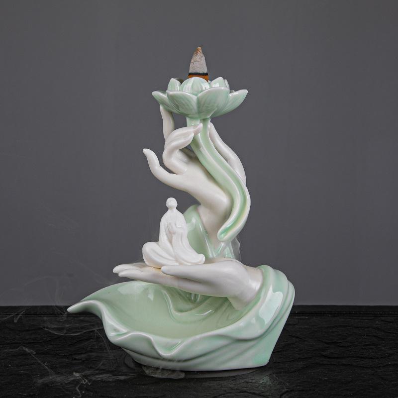 Ceramic Incense Burner Holder Waterfall Buddha Backflow Censer Lotus Guanyin Incense Holders Home Reading Room Decor Ornaments