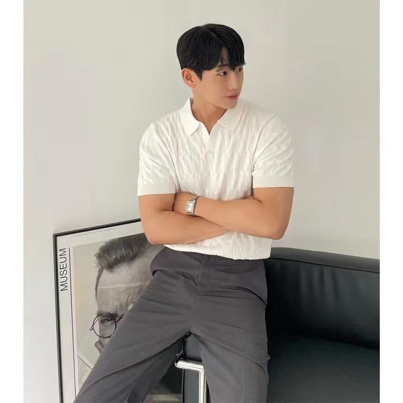 Men's Summer Korean Style Slim Fit Knitted Polo Shirt - Short-Sleeve, Solid Color, Ice Silk, Turn-Down Collar