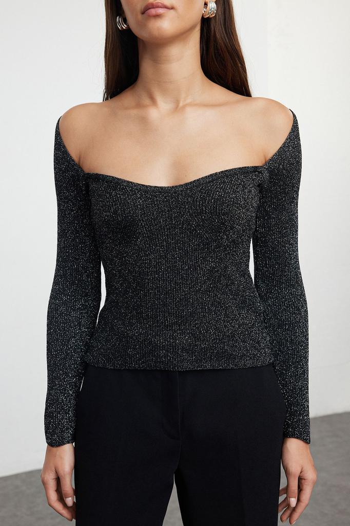 Women's Elegance Style Sweater Black Glitter Yarn Knitwear Sweater