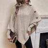 Women's Winter High Collar Asymmetric Hem Cape Sweater, Button Decoration Bat Sleeve Fried Dough Twists Weave Texture