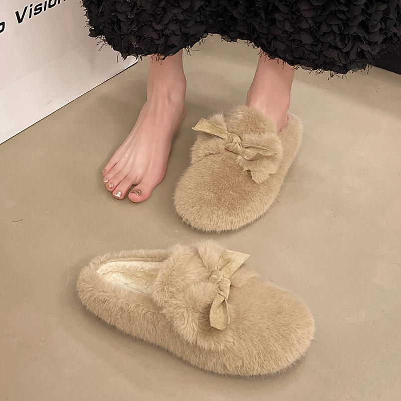 Fashion Aphixta Cute Butterfly Knot Design Solid Color Indoor Slipper Soft Warm Women Furry Mule Shoes Flat With Anti-skip Women Shoes