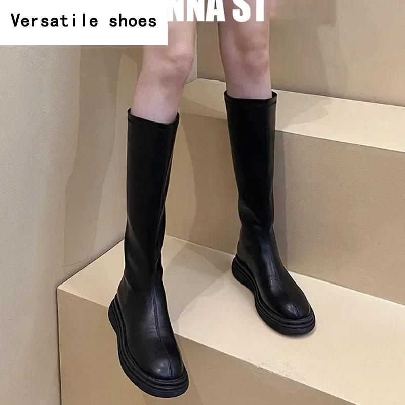 Winter Cotton Women's High Boots Fashion Soft Leather Back Zippers Long Botas Ladies Comfort Short Plush Knee High Booties