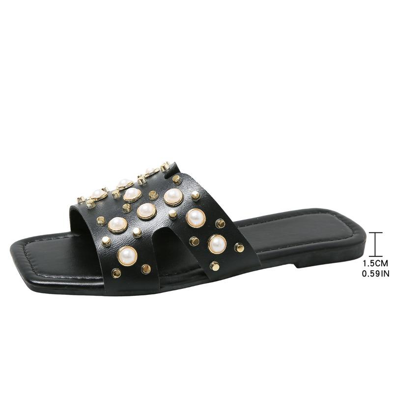 2024 Hot Sale Ladies Shoes Plus Size Women's Slippers Fashion String Bead Daily Slippers Women New Rivet Peep Toe Flat Slippers