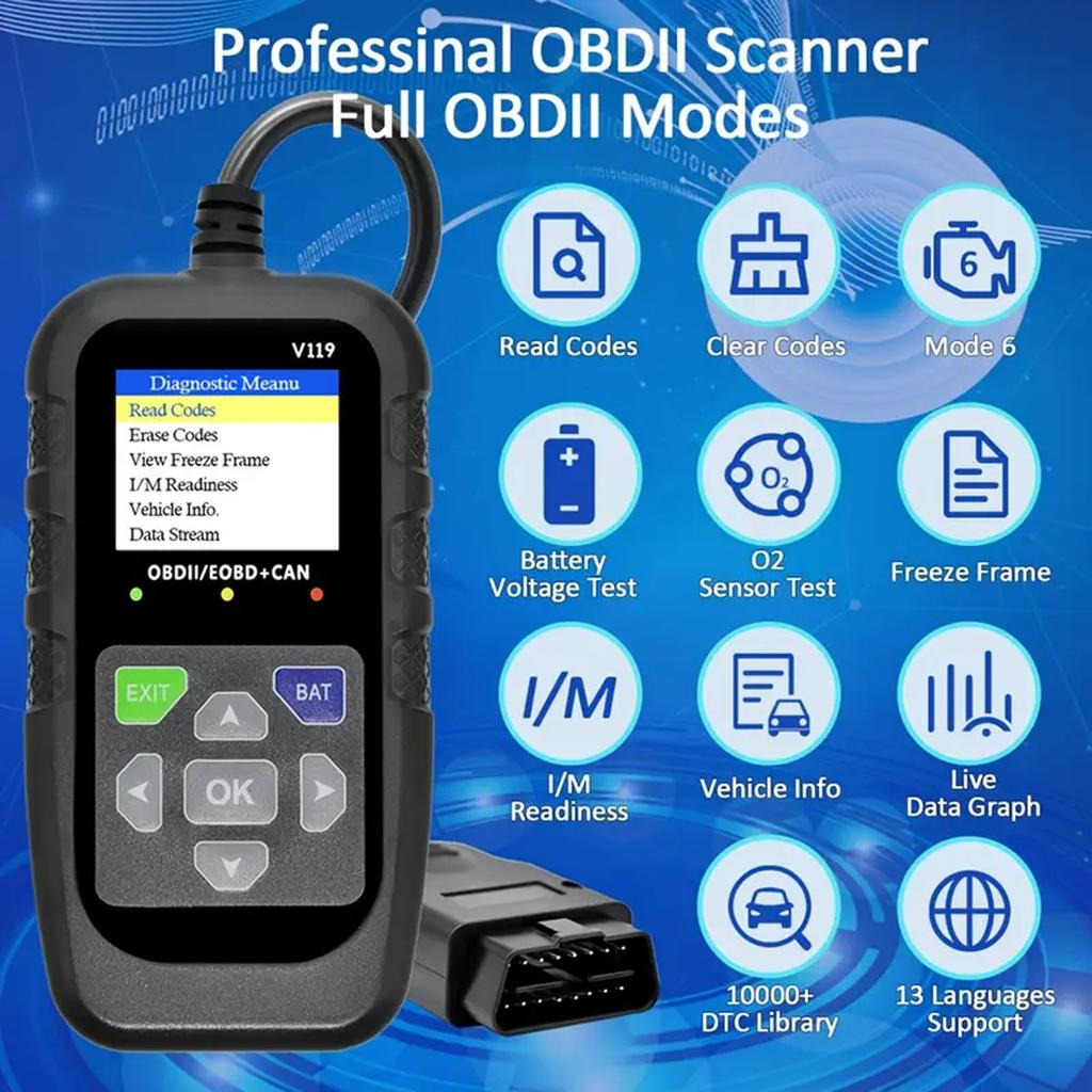 V119 OBD2 Scanner Car Diagnostic Tool with Live Data Voltage Test & USB Power for All EOBD/CAN Vehicles (Read/Clear Codes)