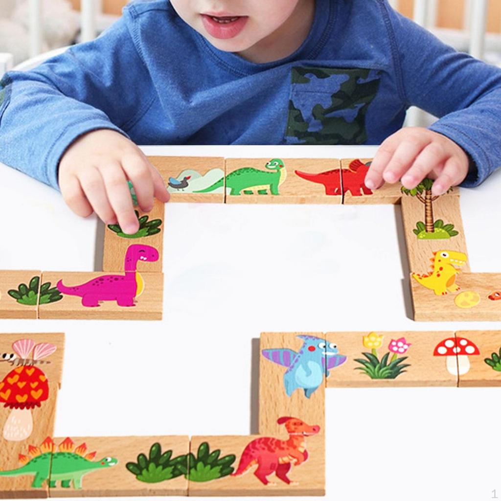 Dinosaur Dominoes Matching Game Developmental Early Education Wooden Puzzle Toy Picture for