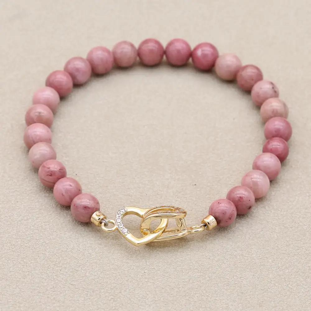 6mm Blue Tiger Eye Beads Copper Heart Shape Beaded Strand Bracelet & Bangle Women Men Lover Handmade Jewelry Valentine's Gifts