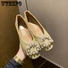 Women Square Head Single Shoes Female Flat Bottom Bean Shoes Soft Leather Pearl Ladle Shallow Mouth Shoes Footwears