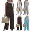 2 Pcs/Set Women Vest Pants Set Round Neck Sleeveless Loose Solid Color Top Wide Leg Pants Casual Homewear Two-piece Sports Top Trousers Set