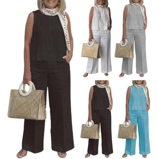 2 Pcs/Set Women Vest Pants Set Round Neck Sleeveless Loose Solid Color Top Wide Leg Pants Casual Homewear Two-piece Sports Top Trousers Set