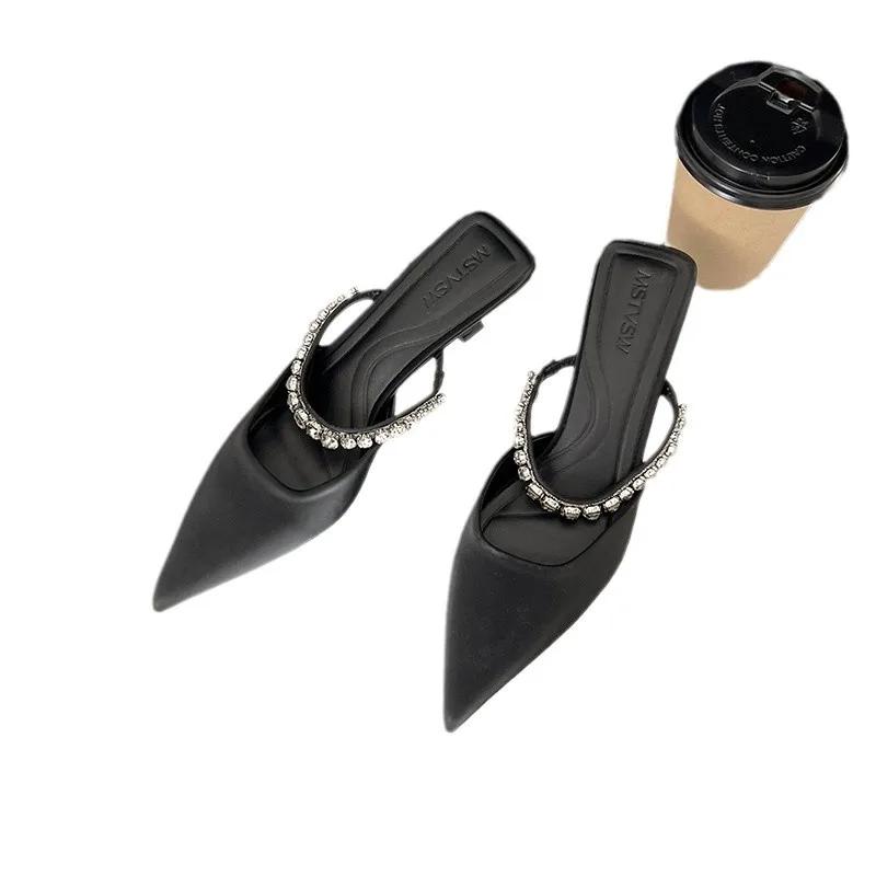 Fashion 2025 Spring New Female Black Satin Rhinester Bright High Heels Pointed Head After Empty Fashion Slippers Sandalias Mujer