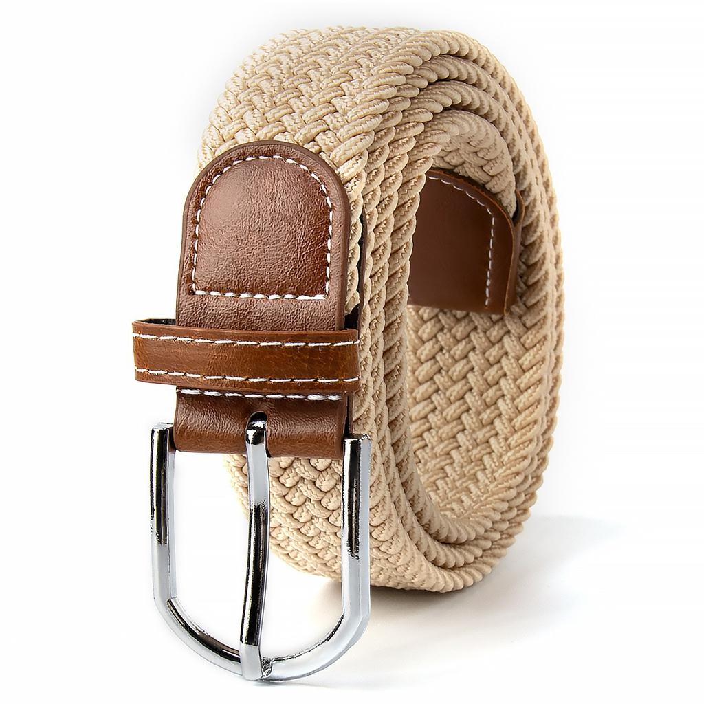 Belt Woven Canvas Belt Metal Buckle Men Women Elastic Braided Belt Punch Free
