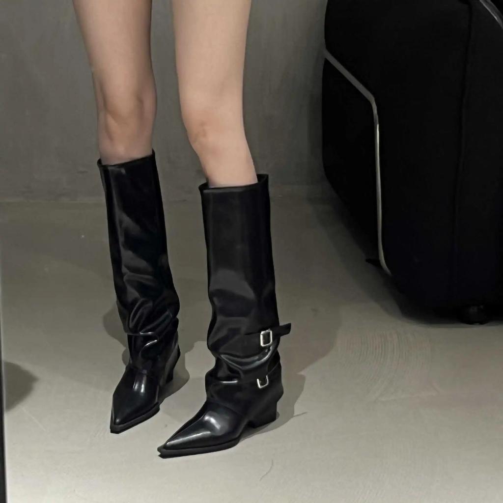 Woman Pointed Knee Belt Buckle High Boots Women Autumn Winter Fashion Chunky Heel Thigh-high Boots Trend Leather Chelsea Botas