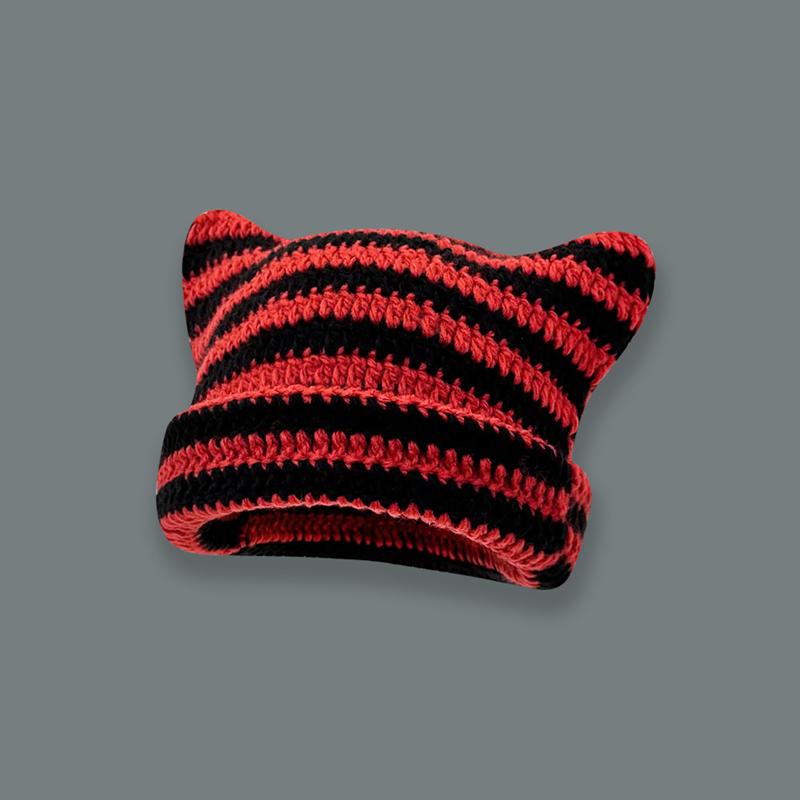 Cute Devil Horn Knitting Striped Beanie Hat Autumn Winter Knitted Wool Caps Girl Cat Ear Pointed Pullover Women Bonnet Hats