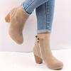Women's Round Toe Side Zipper High Block Heel Ankle Boots - Beige Cover-Like Fabric Upper, Dressy Ankle Boots | Stylish Ankle Boots