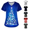 Women's Fashion Christmas Printed Short Sleeve V-Neck Top Small Pocket Work T-Shirt
