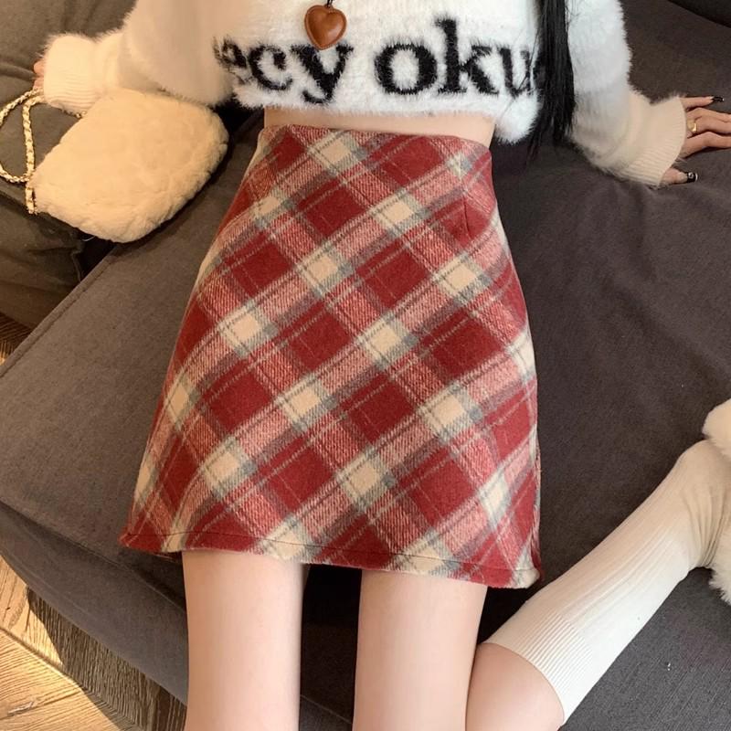 Women's High-Waist Wool Plaid Retro A-Line Skirt - Autumn/Winter Collection, Slim Fit, Short Length