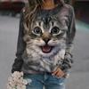Round Neck 3D Cute Cat Printed Top Fashionable Casual Long Sleeved Women's T-shirts