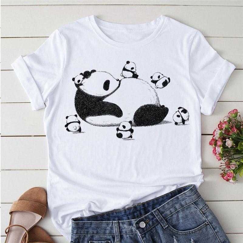Aesthetics Cute Panda Print Women Basic Tees Cartoon Top O-Neck Simple Tee Short Sleeve T-Shirt Ladies Tees Graphic White Tshirt