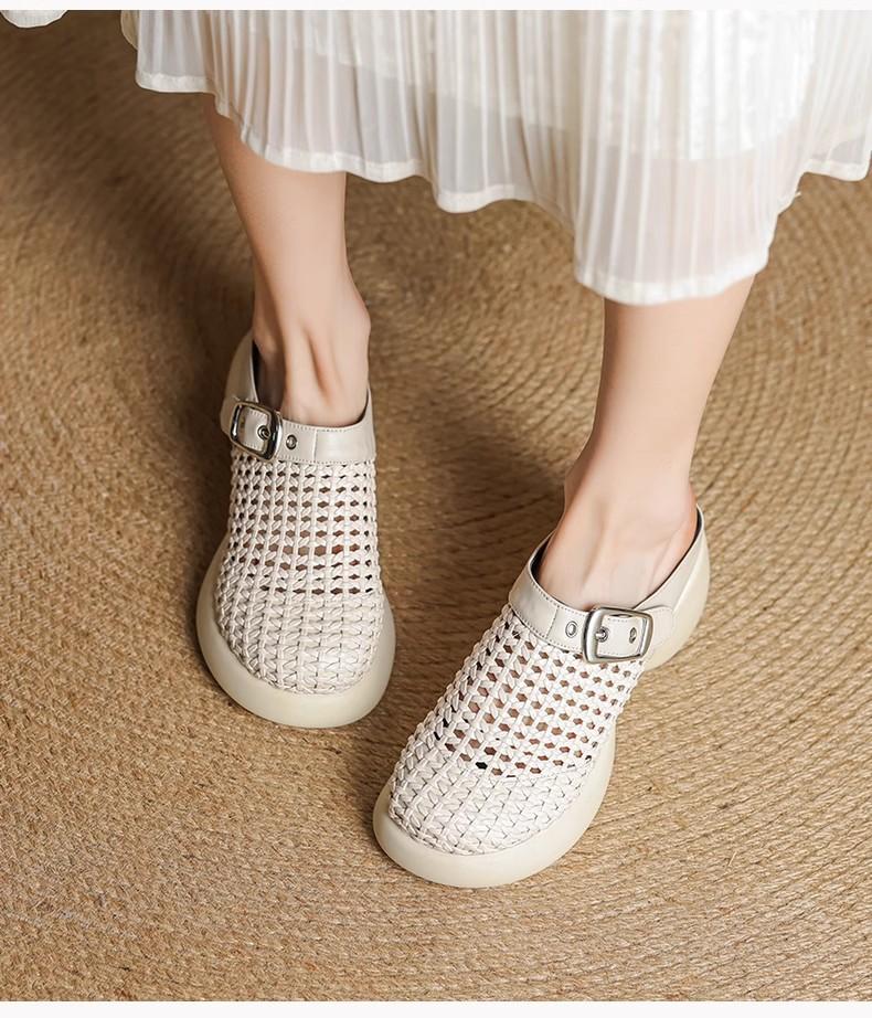 6Cm Design Feeling Thick Bottom Woven Bag Head Half Slippers Round Head Hollowed Out Outside Wearing High Heels Sandals Women