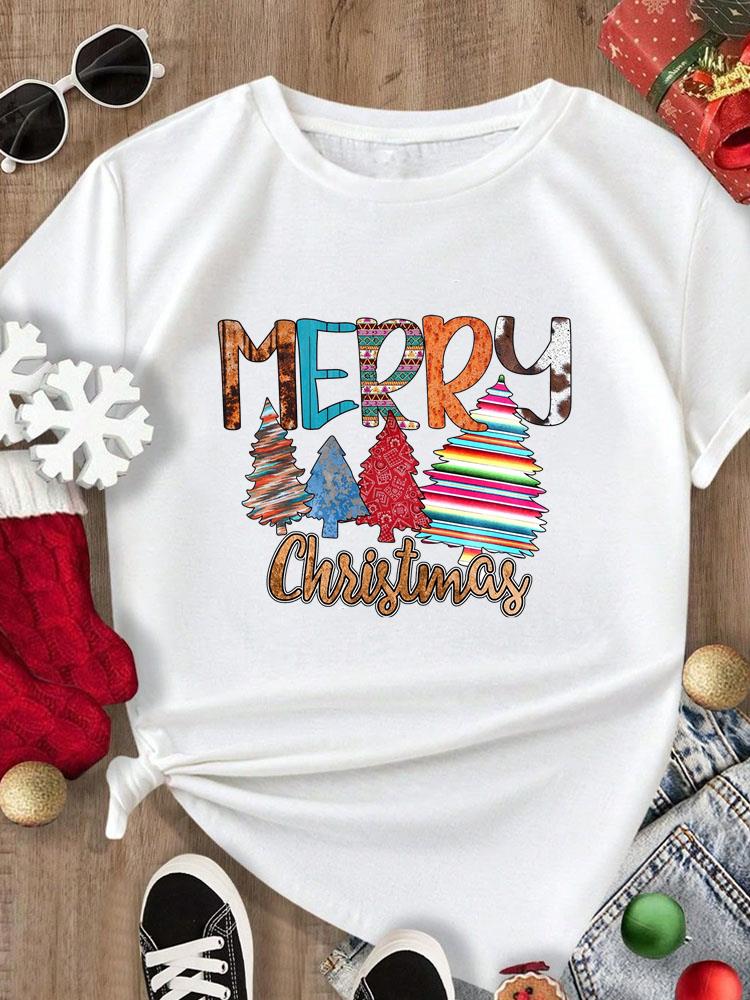 (Asian Size) Tee Merry Christmas New Year Holiday Top Festival Casual Women Letter Sweet 90s Print Lady Short Sleeve Fashion Graphic T-shirts