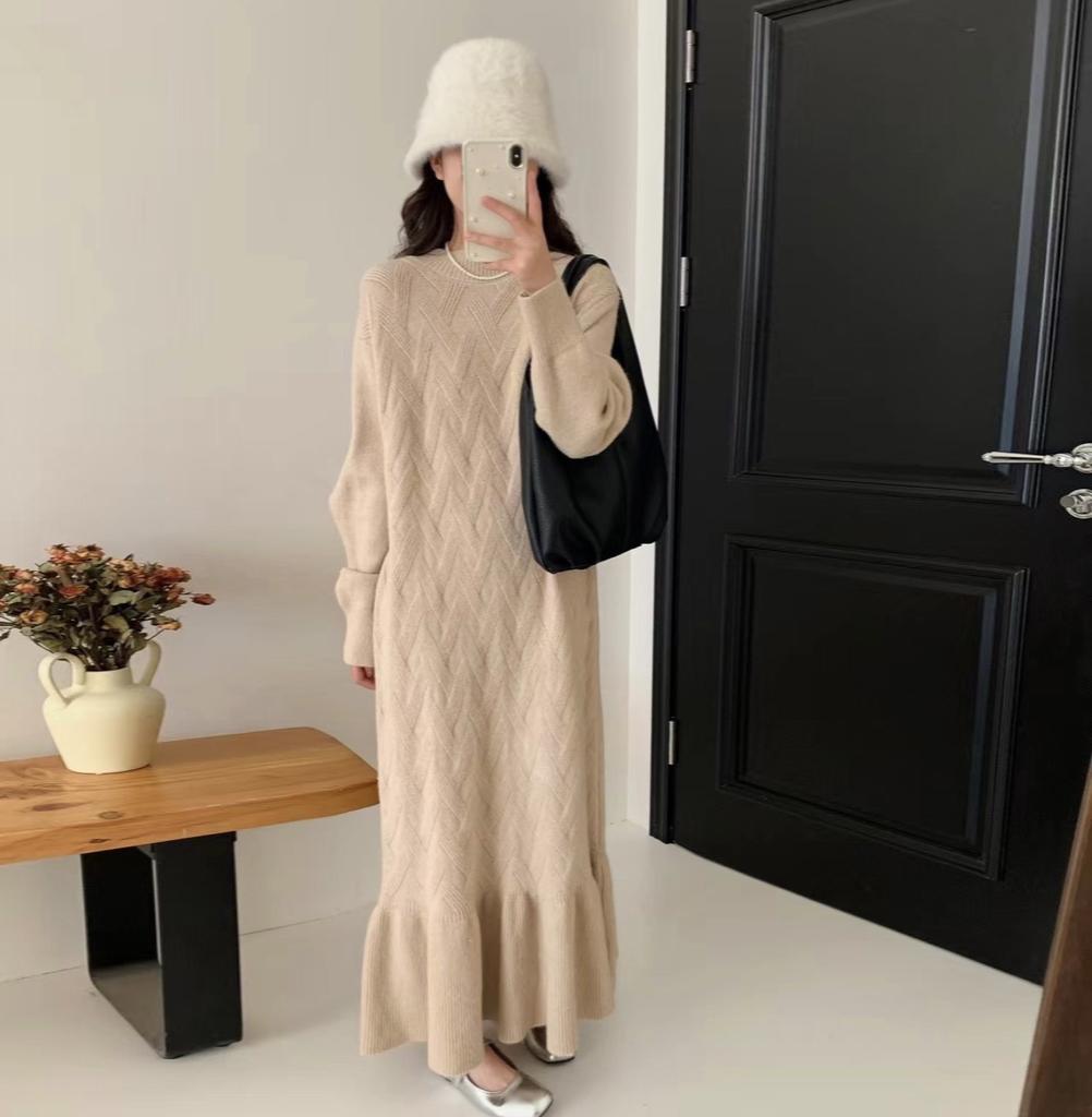 Large Size Women's Fashion Long Crew Neck Knitted Dress Women's Autumn and Winter Lazy Wind Loose Fish Tail Bottom Sweater Skirt