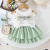 Girls' Sweet Set Summer Children's Fashion and Cute Bow-decorated Sleeveless Top + Puffy Skirt Set