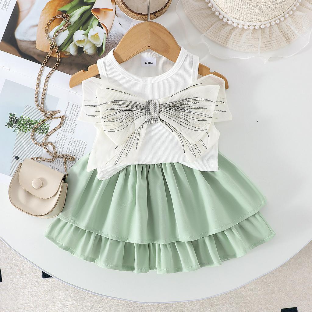 Girls' Sweet Set Summer Children's Fashion and Cute Bow-decorated Sleeveless Top + Puffy Skirt Set