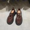 Grape Mother Autumn and Winter New Washed Horse Leather Round Head Wind One Pedal Thick Heel Loafer Single Shoes Small Leather Shoes Women