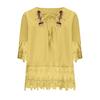 Women Shirt V-neck Lace-up Half Sleeve Pullover Tops Solid Color Loose Fit Embroidery Lace Flower Splicing Shirt