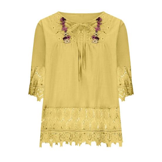 Women Shirt V-neck Lace-up Half Sleeve Pullover Tops Solid Color Loose Fit Embroidery Lace Flower Splicing Shirt