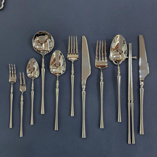 Stainless Steel Cutlery with Steak Cutter Mirror Polished Flatware Utensils Metal Spoons Forks Chopsticks Tableware for Home Parties