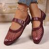 Fashion Mesh Breathable Single Shoes Autumn New Round Toe Shallow Mouth Metal Buckle One Strap Soft Sole Non-slip Low Heel Shoes