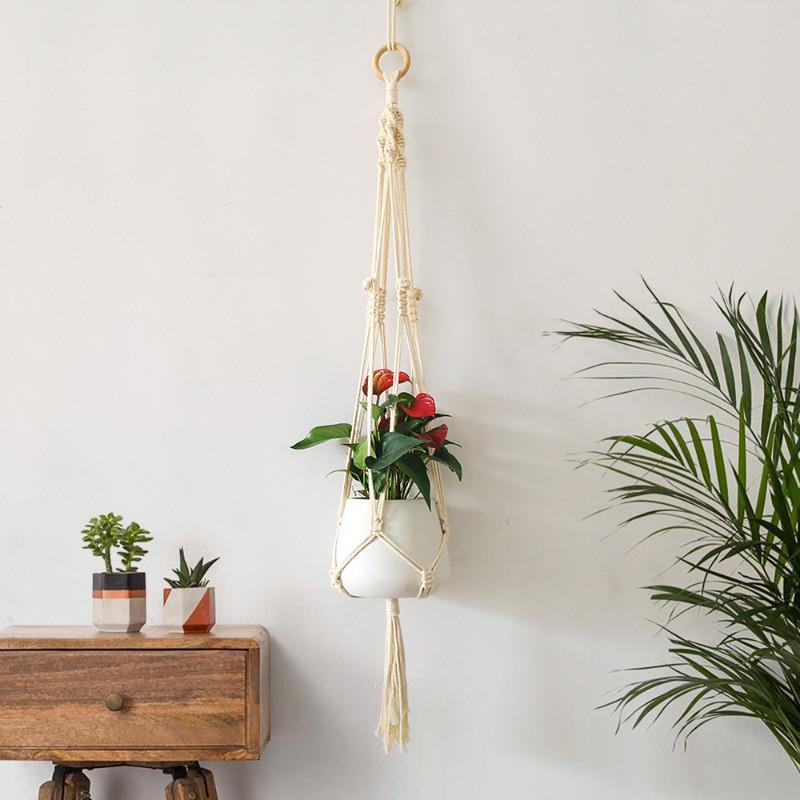 Handmade Weaving Cotton Plant Hanging Basket Rope Macrame Basket Cord Garden Hanging Basket Holder Houseplant Display Rope