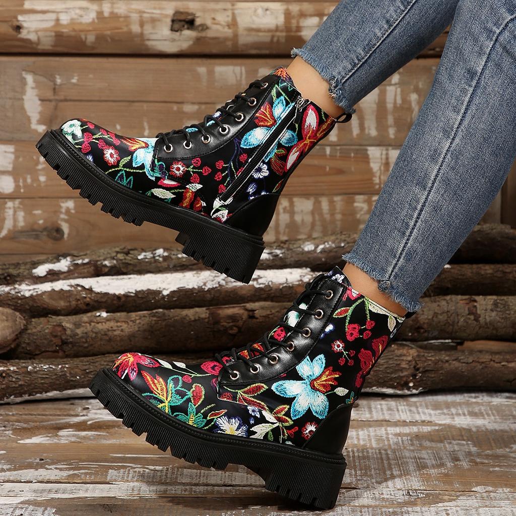 Fashion 2025 Autumn New Color Blocked Fashion Ankle Boots Women's Printed Graffiti  Side Zipper Thick Heeled Women Shoes Platform Botine