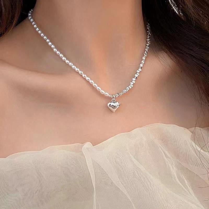 Silver Beaded Love Necklace For Women'S Girls Light Luxury Style Clavicle Chain Jewelry