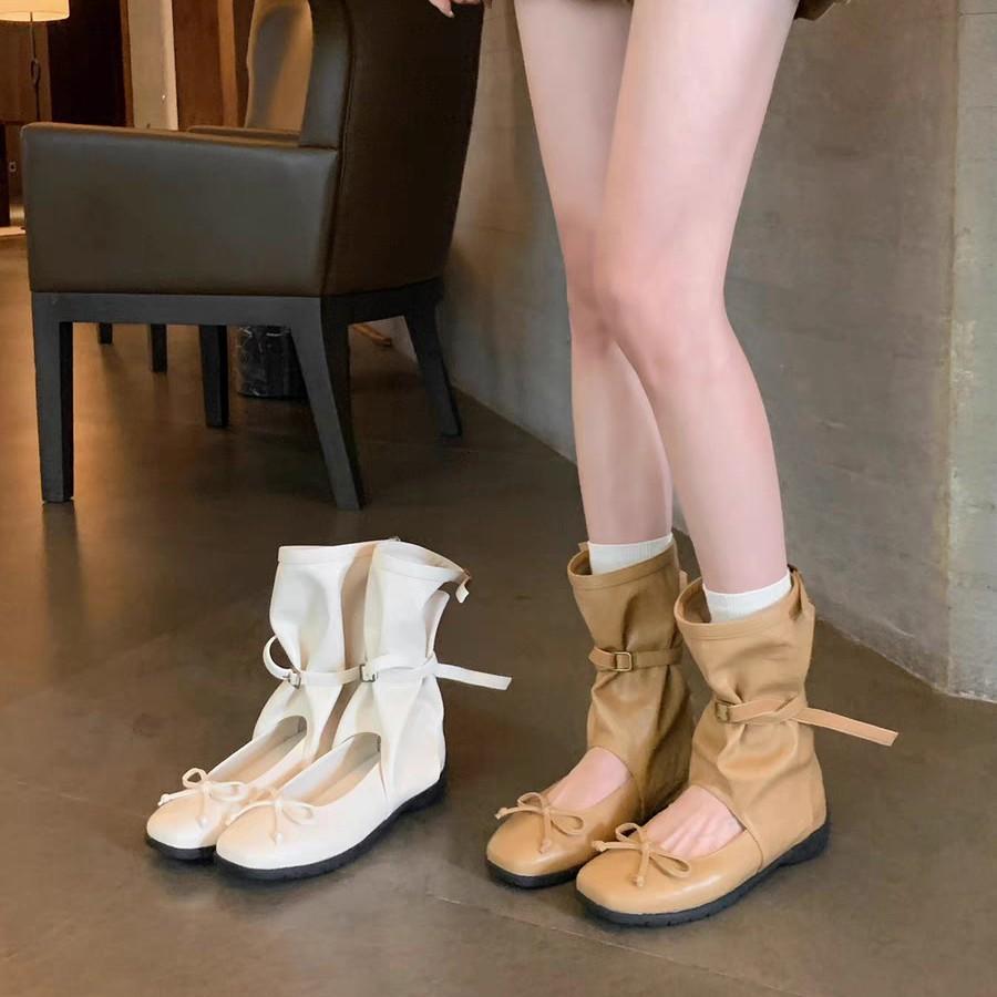 Temperament Casual Fashion Single Boots for Women, Height Increased by 5cm~ Stylish Square Round Head Bow Light Mouth Mary Jane Medium Boots