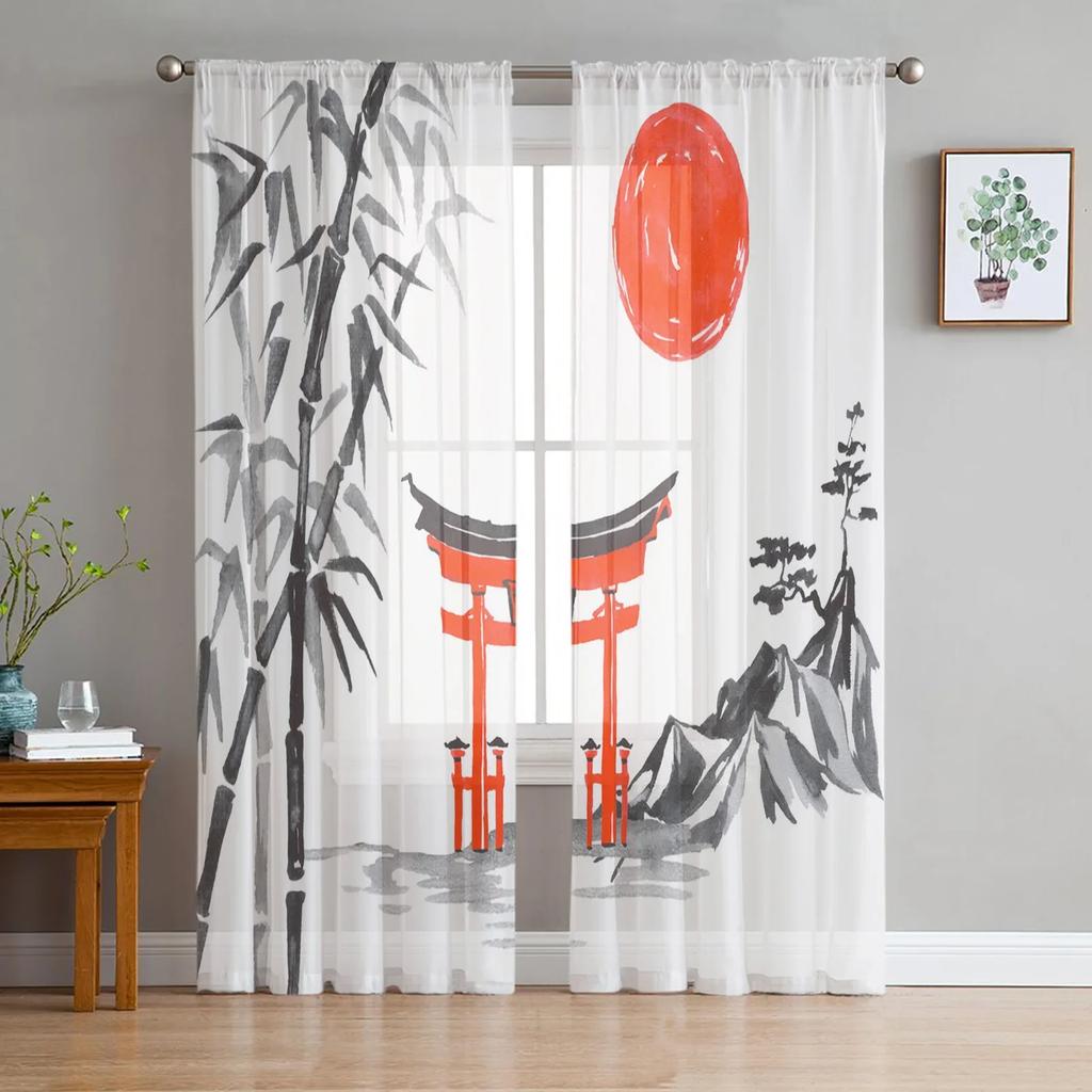 Bamboo Carp Chinese Ink Painting Tulle Curtains For Living Room Bedroom Kitchen Decoration Chiffon Sheer Voile Window Curtains