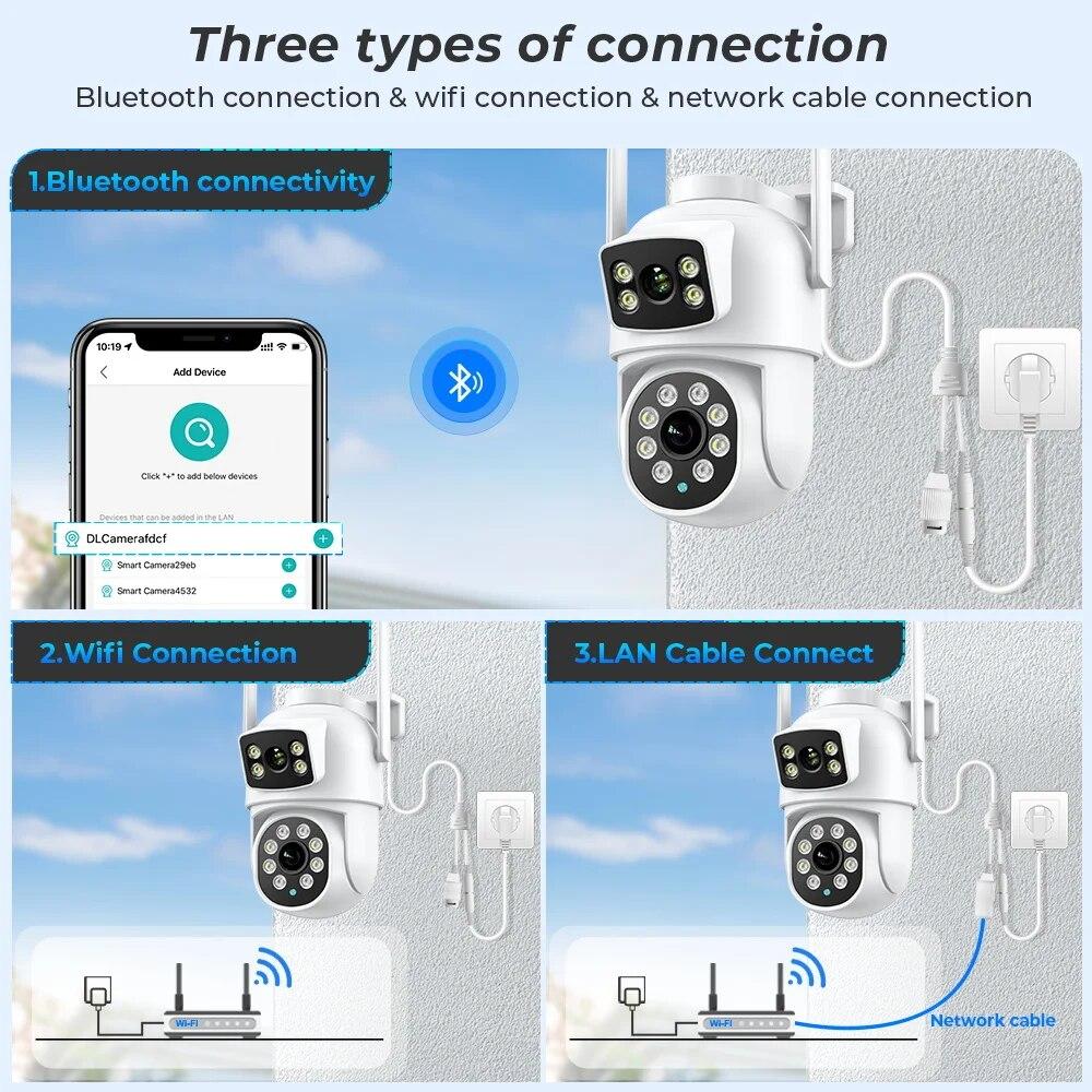 New EU 4K 8MP PTZ WIFI Camera Dual Lens Dual Screen 4X Digital Zoom IP Camera 4MP HD Auto Tracking Outdoor CCTV Surveillance ICSee App
