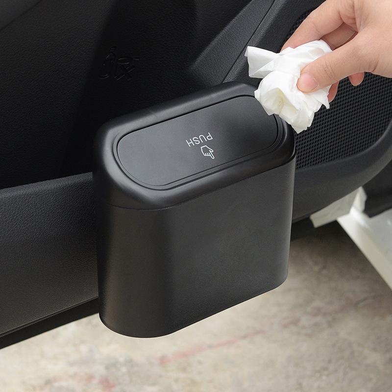 Car Trash Bin Hanging Vehicle Garbage Dust Case Storage Box Black ABS Square Pressing Type Trash Can Auto Interior