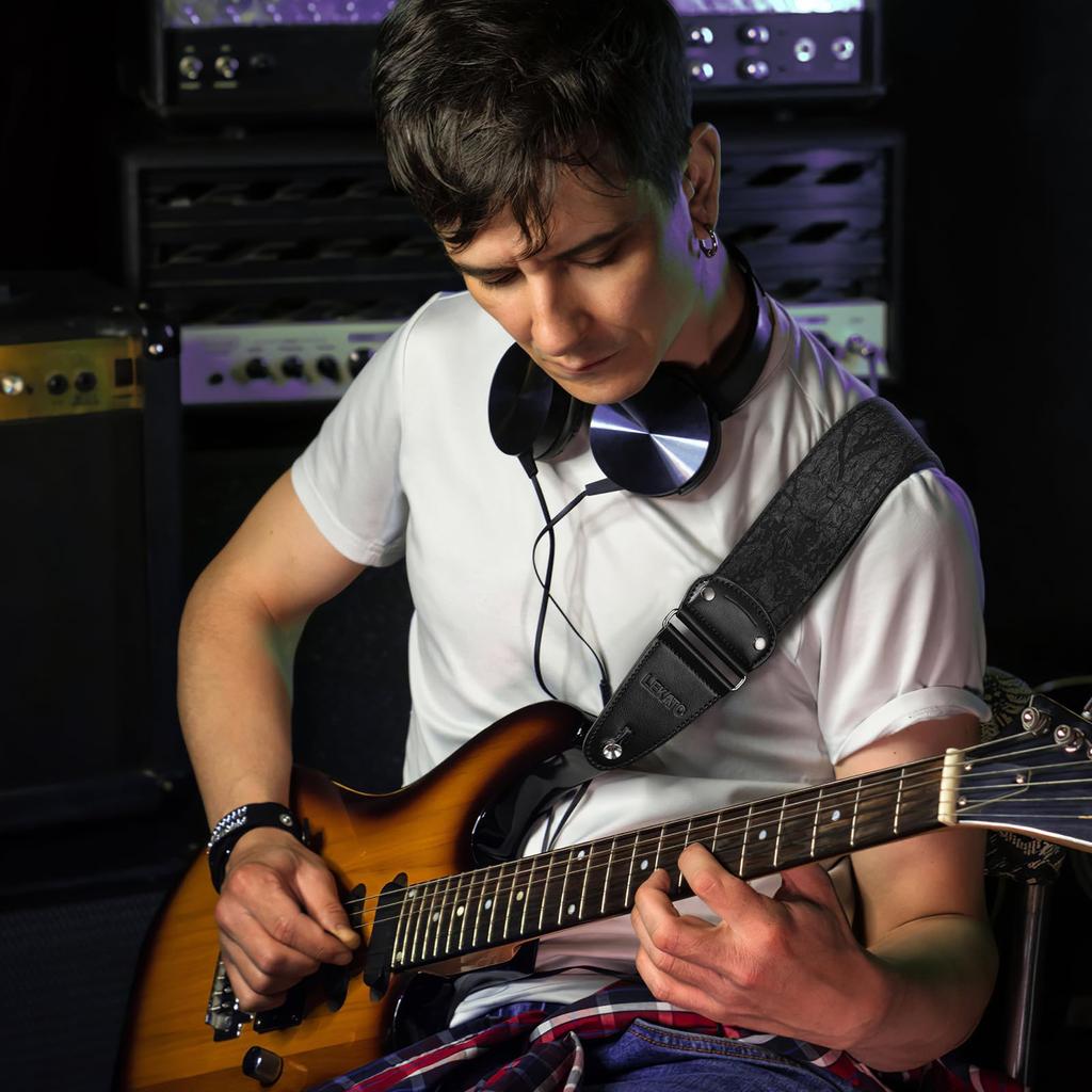 Guitar Strap Anaglyph Embossed Floral Guitar Strap for Electric Bass Acoustic Guitar Wide Bass Strap Pick Lock Cable Fixation Black Padded Guitar