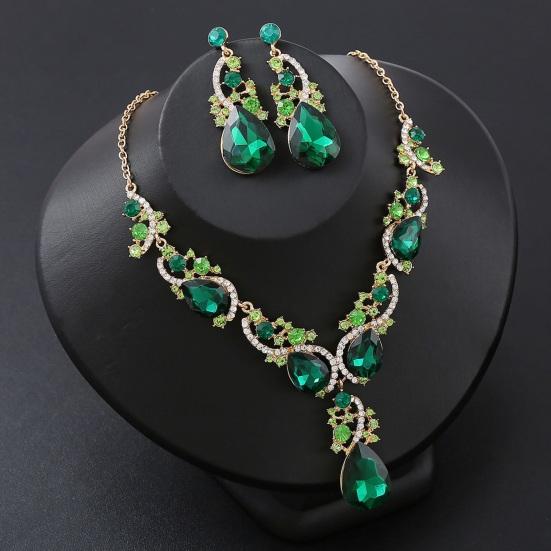 Women Necklace Earrings Set Luxury Symmetric Retro Rhinestone Hollow Out Anti-allergy Hanging