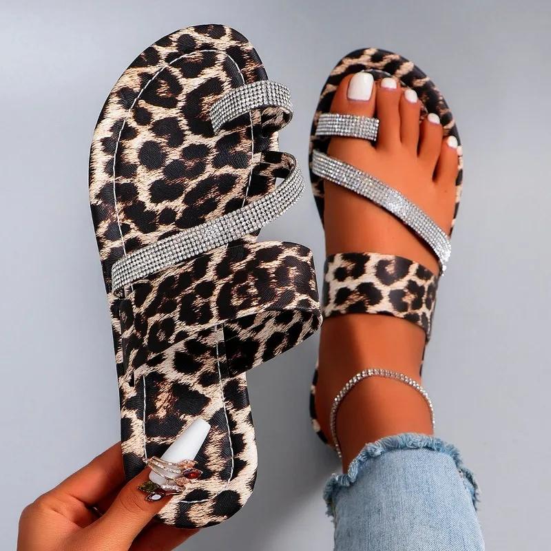 Fashion Ladies Shoes 2024 High Quality Outdoor Women's Slippers Mixed Colors Leopard Print Sequins Open Toe Low-heeled Toe Set Slippers