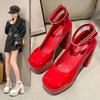 Fashion 2024 New Platform Buckle Strap Pumps Women Shoes Chunky Heels Red Patent Leather Anti-drop Pimp Fashion Red High Heels