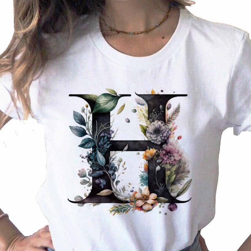 New Women T Shirt Custom Name Letter Combination Print Tshirt Flower Letter Font A B C D E F G Short Sleeve Female Tees Tops