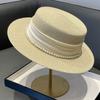 Celebrity Style Flat Top Top Hat New Summer Elegant Pearl Straw Seaside Sun Hat Children