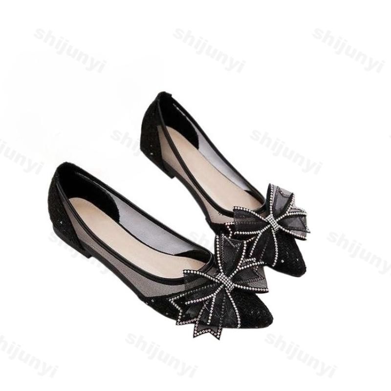 Fashion 2025 Summer Breathable Flat Heel Women's Scoop Shoes New Korean Edition Butterfly Knot Designed Mesh Pointed Casual Single Shoes