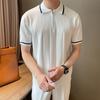 Men Summer Shirt Thin Knitted Short Sleeve Zippered Lapel Top Stretchy Hem Striped Solid