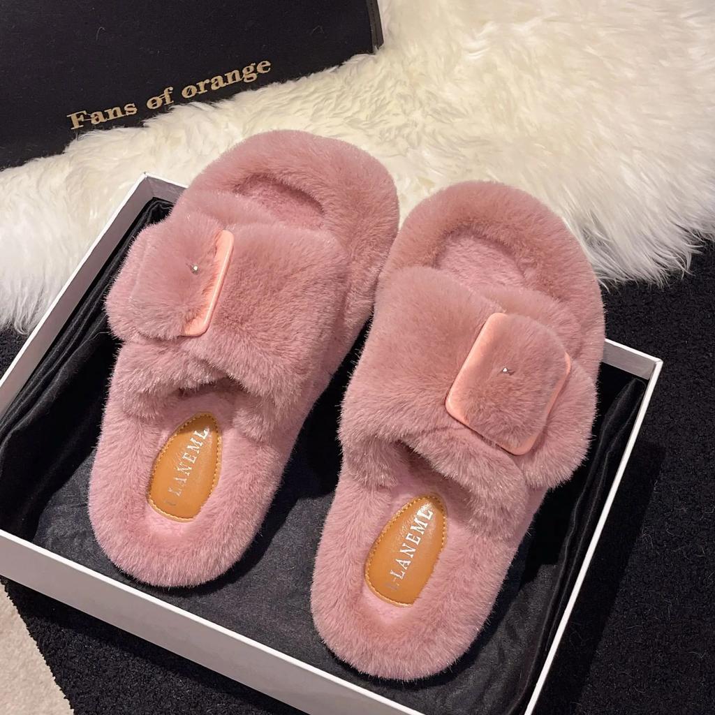 Women's Slippers 2024 New Casual Plush Fluffy Slippers Solid Color Indoor Warm Home Fashion Belt Buckle Outdoor Cotton Slippers