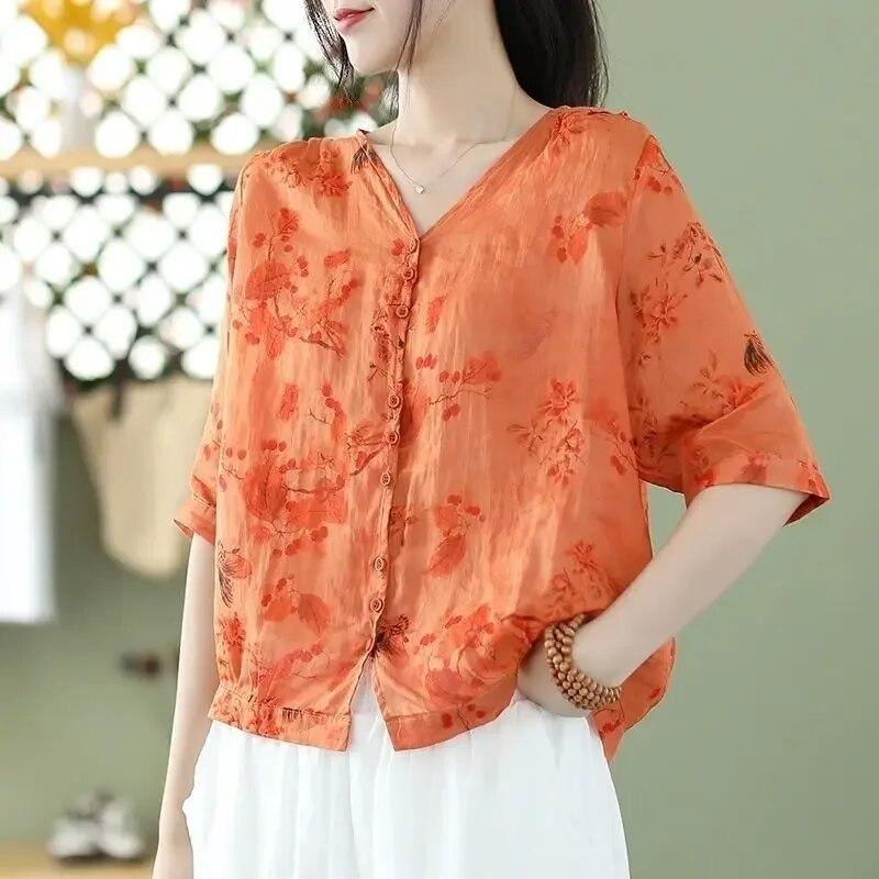 Ladies Printed Vintage Women's V-Neck Tops Casual Loose Cotton Linen Thin Section Half Sleeve Shirt