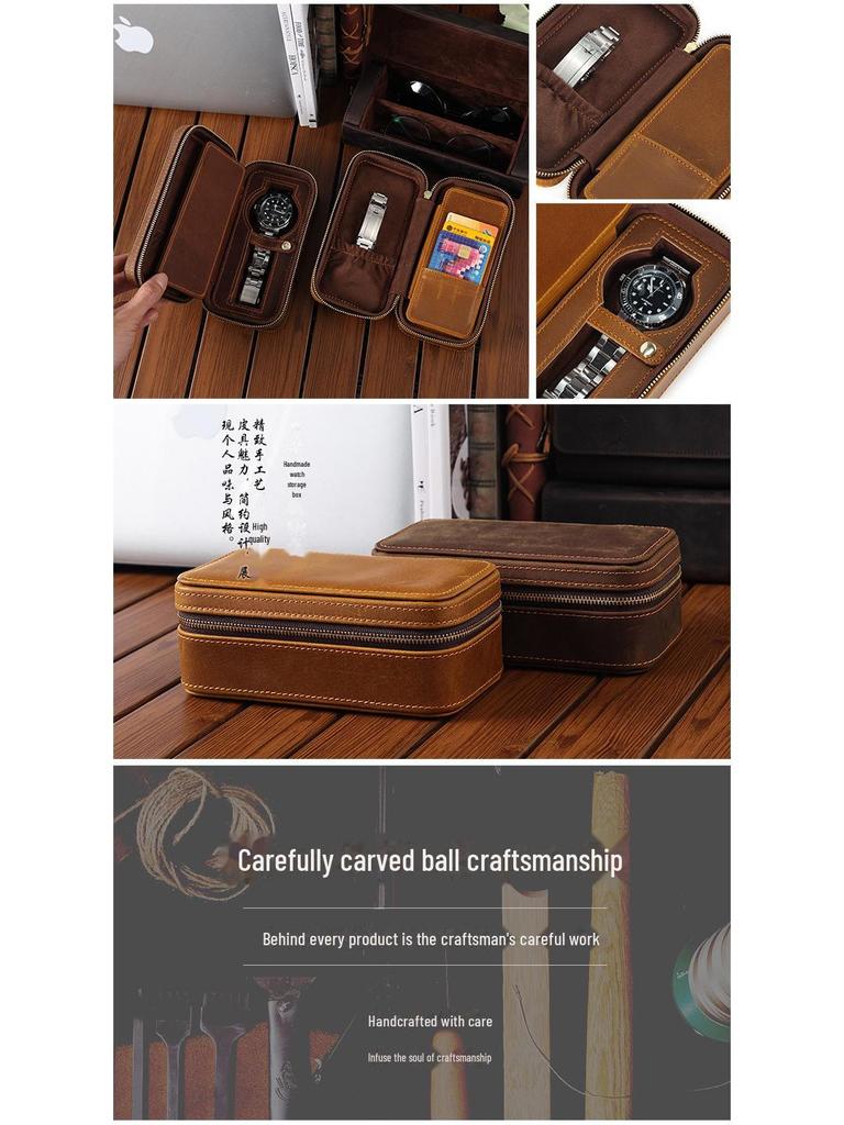 Vintage Crazy Horse Leather Travel Watch Box - Genuine Leather Zippered Storage for Single Watch